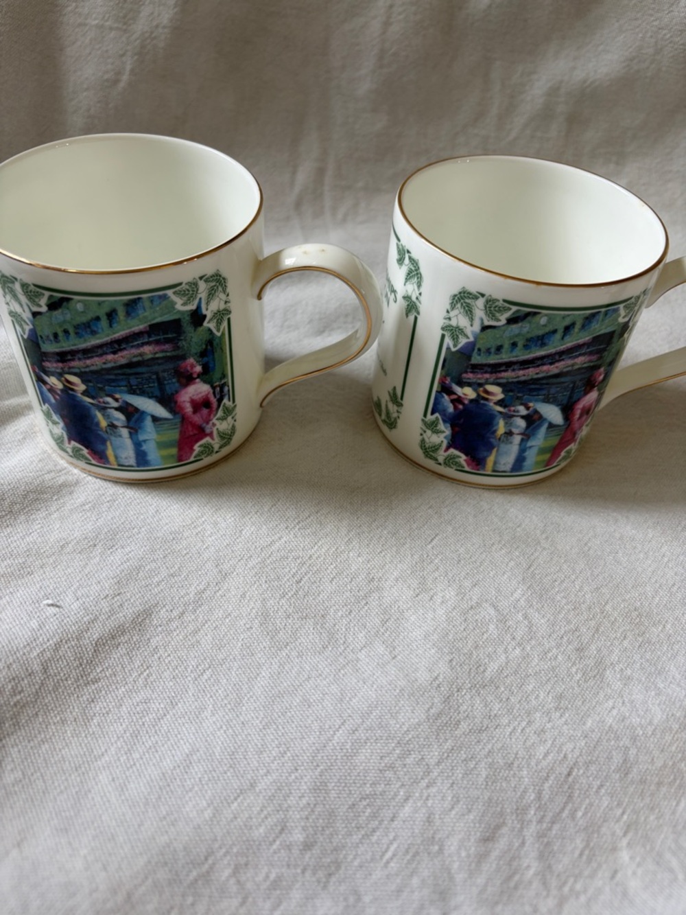 Wedgwood White Mugs with Green Scenic Print and Gold Trim - Pair